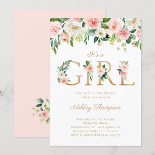 Blush & White Flowers Gold It's a Girl Baby Shower Invitation
