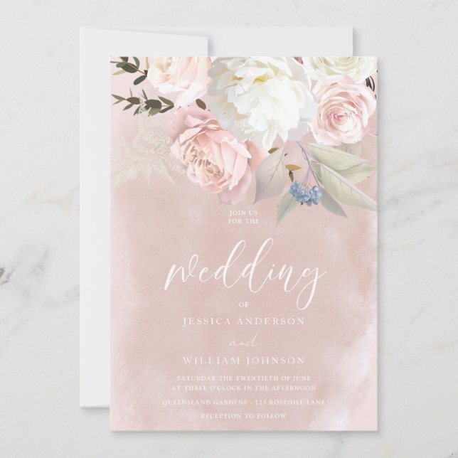 Blush & White Flowers Gorgeous Wedding Invitation (Front)