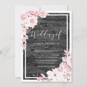 Blush & White Flowers Rustic Black Wedding Invitation