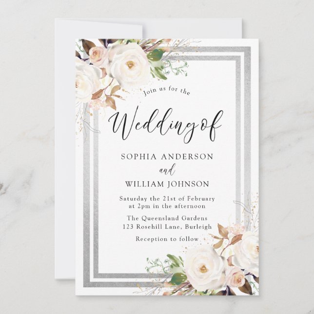Blush White Flowers Silver Border Elegant Wedding Invitation (Front)