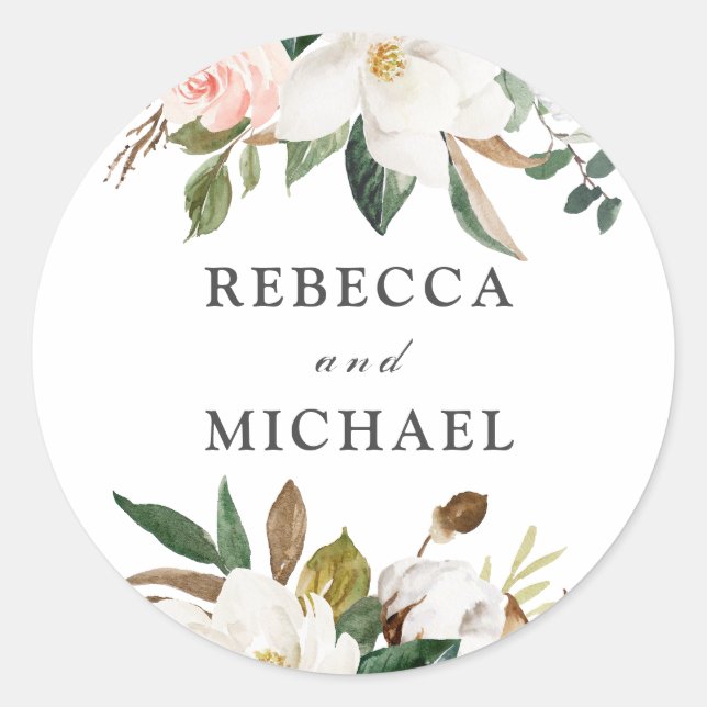 Blush & White Flowers Wedding or Engagement Party Classic Round Sticker (Front)