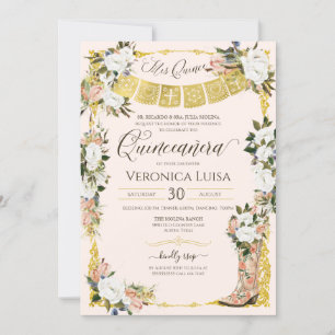 Blush White Gold Charro Floral Boot Quinceanera In Invitation