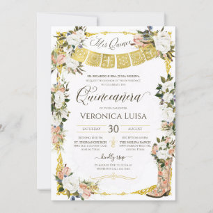 Blush White Gold Charro Floral Boot Quinceanera Invitation