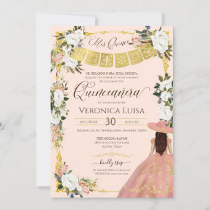 Blush White Gold Charro Floral Dress Quinceanera I Invitation