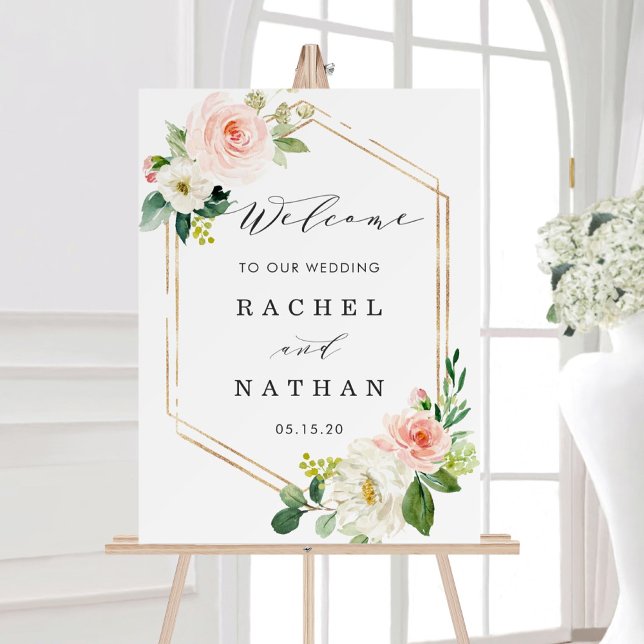 Blush White Gold Frame Floral Wedding Welcome Sign (Creator Uploaded)
