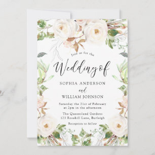 Blush & White Green Leaf Floral Wreath Wedding Invitation