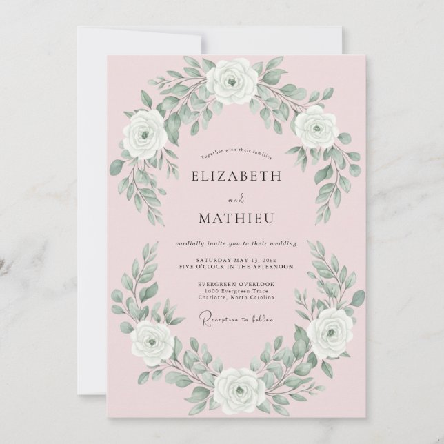 Blush White Leafy Arch Wedding Invitation (Front)