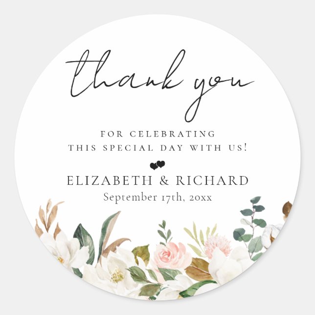 Blush White Magnolia Floral Wedding Classic Round Sticker (Front)