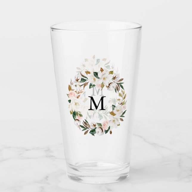 Blush & White Magnolia Watercolor Wreath Monogram Glass (Front)