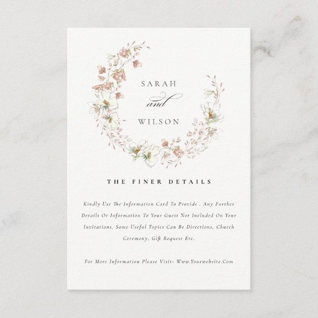 Blush White Meadow Floral Wreath Wedding Details Enclosure Card (Front)