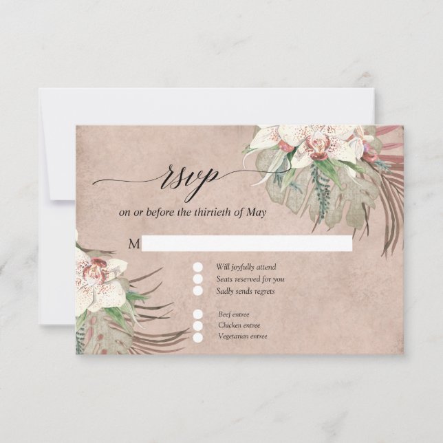 Blush White Orchid Floral Tropical Greenery RSVP (Front)