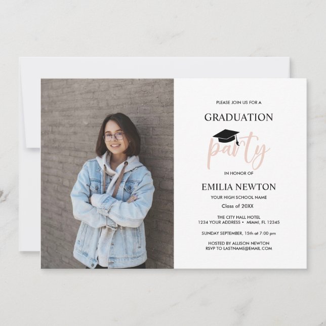 Blush White Photo Graduation Party   Invitation (Front)