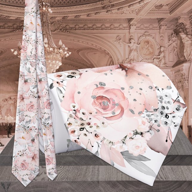 Blush White Pink Peony Silver Greenery Wedding Tie (Creator Uploaded)