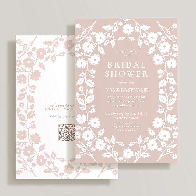 Blush White QR Code Folk Floral Bridal Shower Invitation (Creator Uploaded)