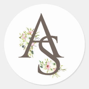 Blush & white rises monogrammed wedding classic round sticker