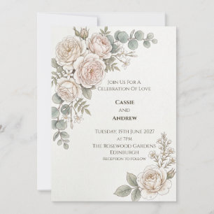 Blush White Rose Eucalyptus Wedding Invitation