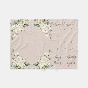 Blush White Rose Floral Monthly Baby Milestone Fleece Blanket