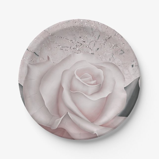 Blush White Rose Glam Modern Marble Bridal Shower Paper Plate (Front)