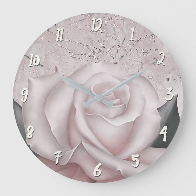 Blush White Rose Glam Modern Marble Shabby Chic Large Clock (Front)
