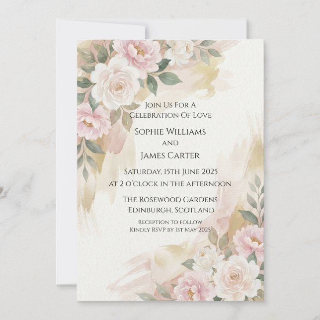 Blush White Rose Wedding Invitation (Front)