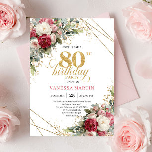 Blush white roses elegant gold trim 80th birthday  invitation