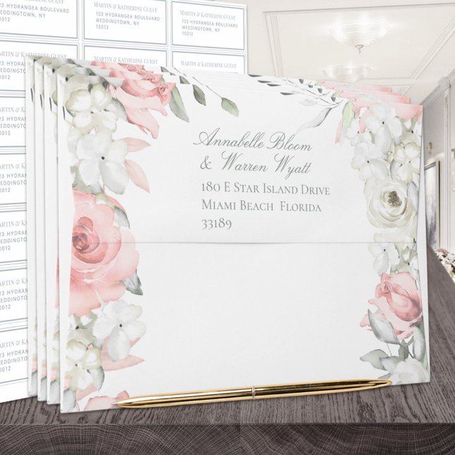 Blush White Roses Floral Garden Wedding Invitation Envelope (Creator Uploaded)