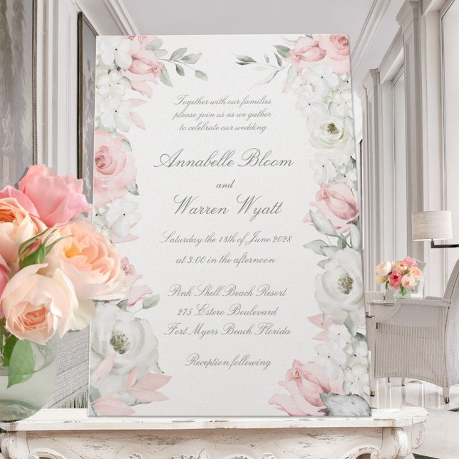 Blush & White Roses Floral Garden Wedding Pearl Invitation (Creator Uploaded)