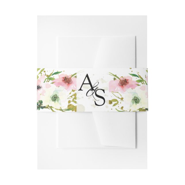 Blush & white roses gold splashes wedding  invitation belly band (Front Example)