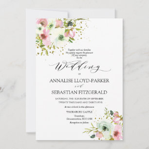 Blush & white roses with  gold splashes  invitation
