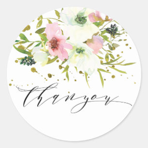 Blush & white roses with gold splashes Thankyou Classic Round Sticker