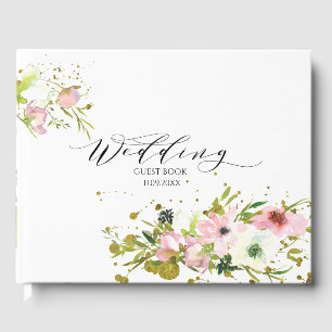 Blush & white roses with gold splashes Wedding Guest Book