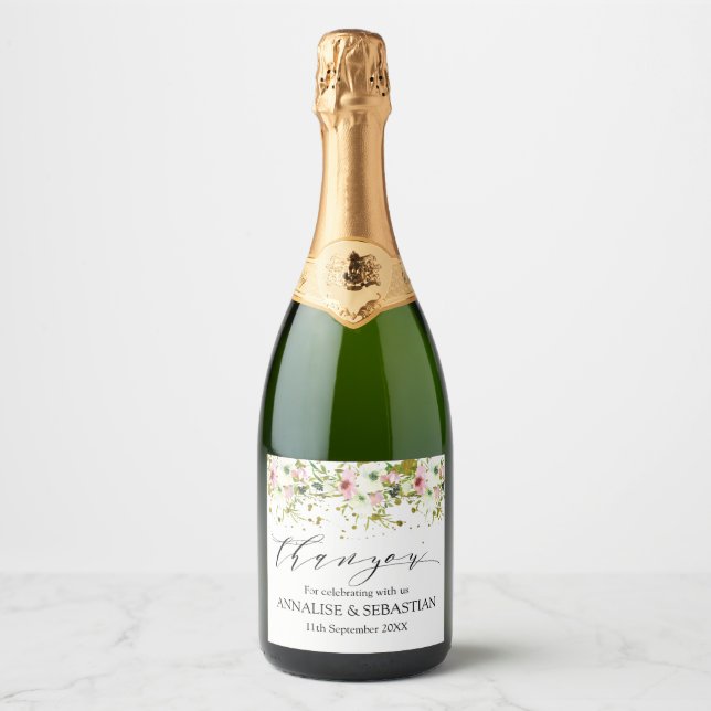 Blush & White roses with gold splashes wedding Sparkling Wine Label (Front)