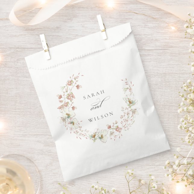 Blush White Rustic Meadow Floral Wreath Wedding Favour Bags (Clipped)