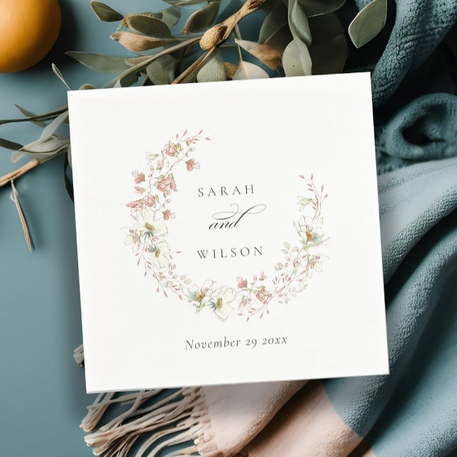 Blush White Rustic Meadow Floral Wreath Wedding Napkin (Creator Uploaded)