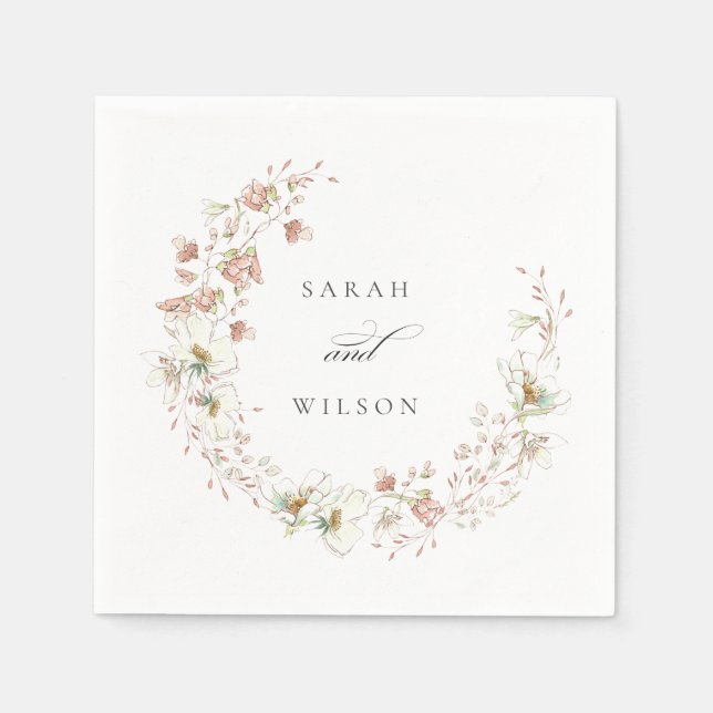 Blush White Rustic Meadow Floral Wreath Wedding Napkin (Front)