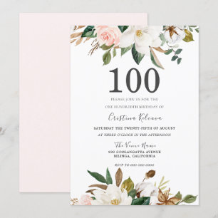 Blush & White Watercolor Flowers 100th Birthday Invitation