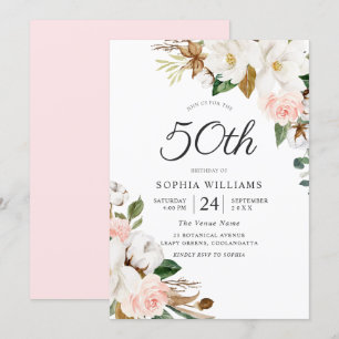 Blush White Watercolor Flowers 50th Birthday Party Invitation
