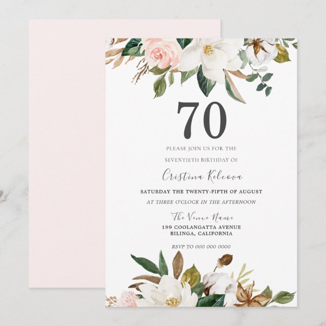 Blush & White Watercolor Flowers 70th Birthday Invitation (Front/Back)