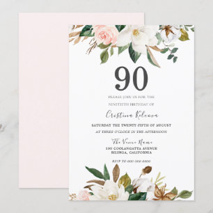 Blush & White Watercolor Flowers 90th Birthday Invitation