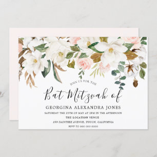 Blush & White Watercolor Flowers Bat Mizvah Invitation
