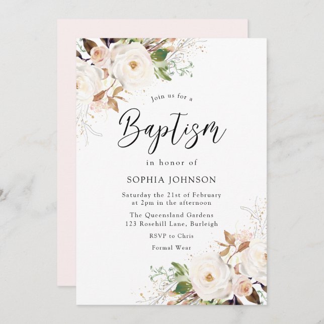 Blush White Winter Forest Baptism Invitation (Front/Back)