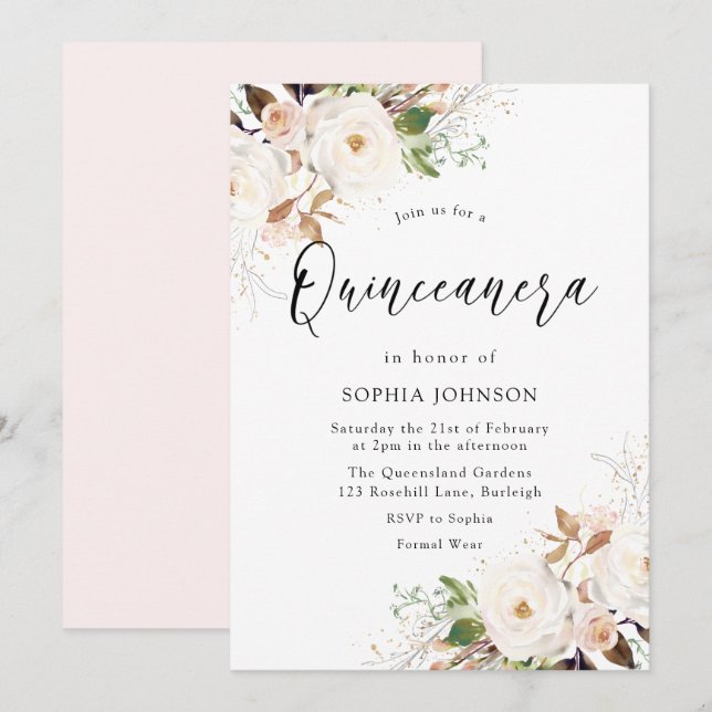 Blush White Winter Forest Quinceanera Party Invitation (Front/Back)