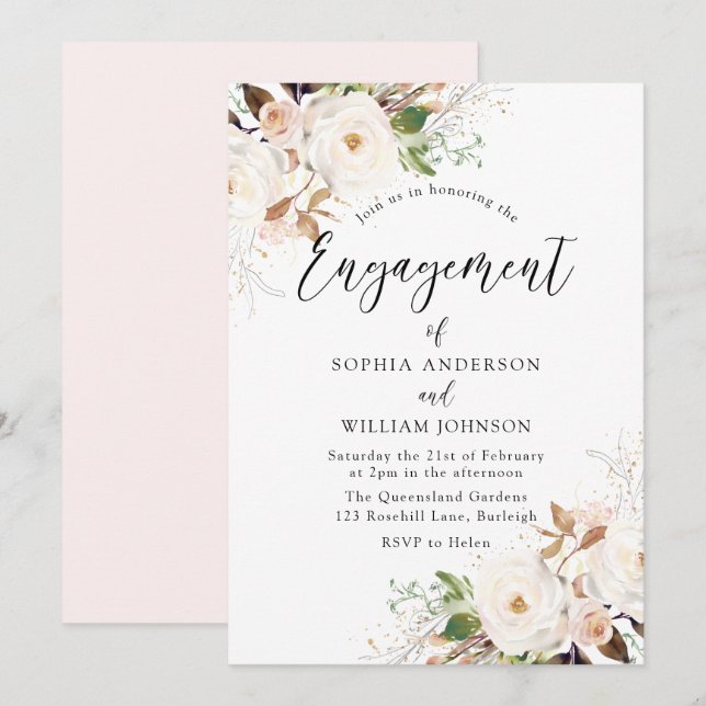 Blush White Wonderland Flowers Engagement Party Invitation (Front/Back)