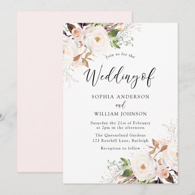 Blush White Wonderland Flowers Wedding Invitation (Front/Back)