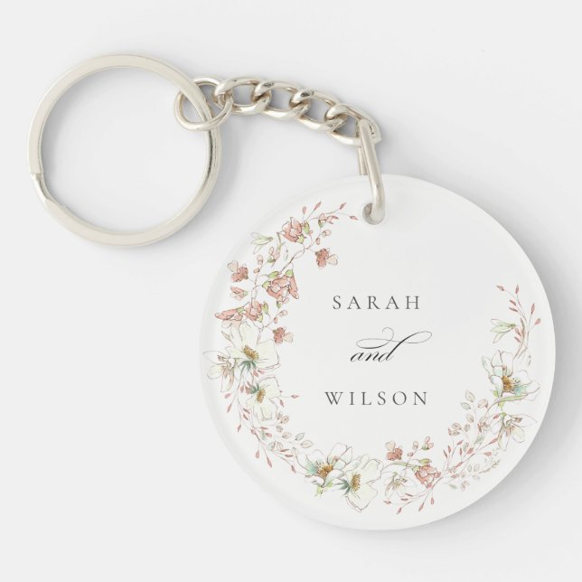 Blush White Yellow Meadow Floral Wreath Wedding Key Ring (Front)