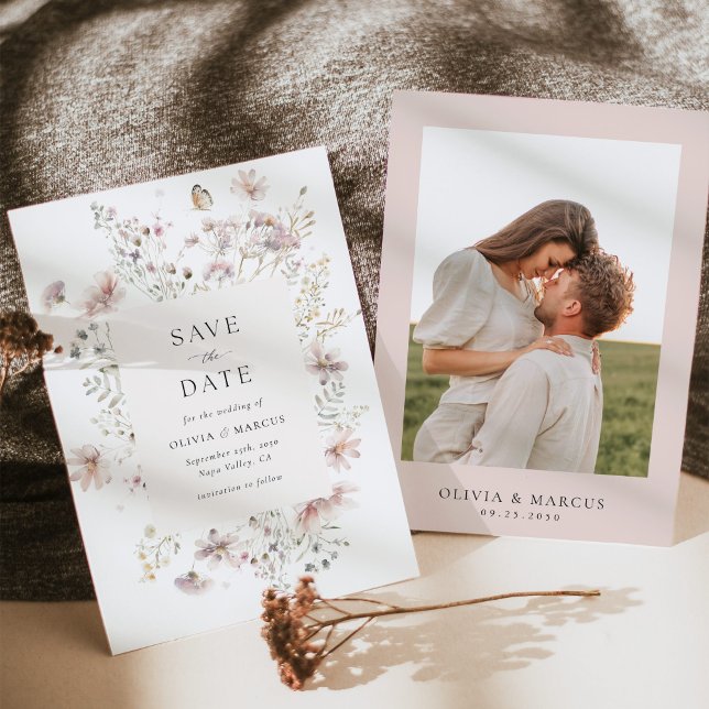 Blush Wildflower Elegant Frame Wedding Save The Date (Elegant blush wildflower framed wedding save the date  with soft floral border and serif typography)