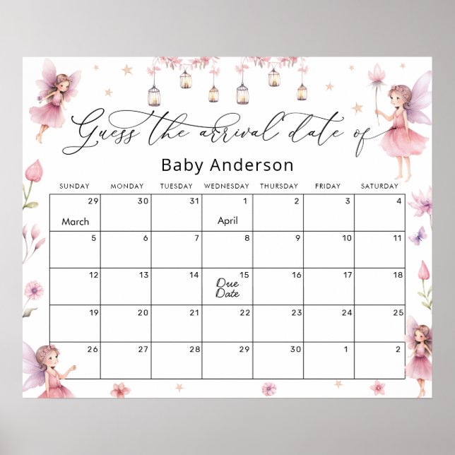 Blush Wildflower Fairy Princess Guess the Due Date Poster (Front)