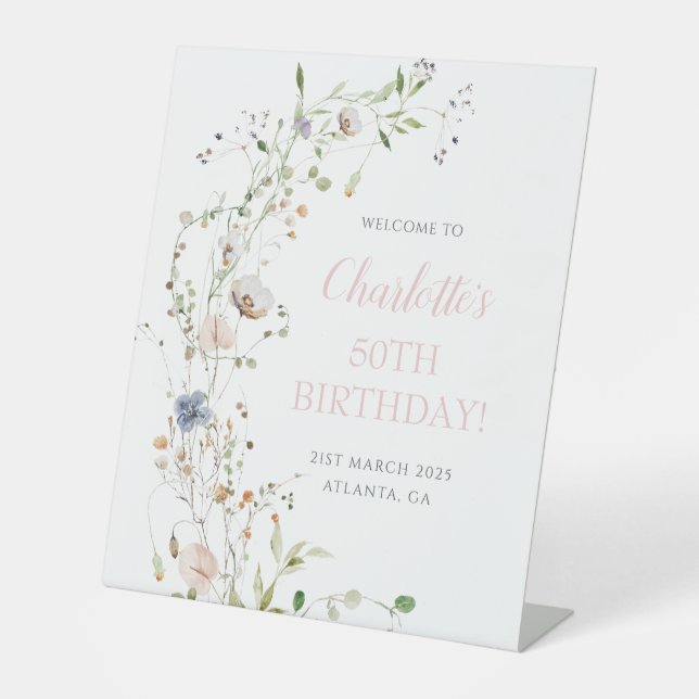 Blush Wildflowers 50th Birthday Welcome Pedestal Sign (Front)