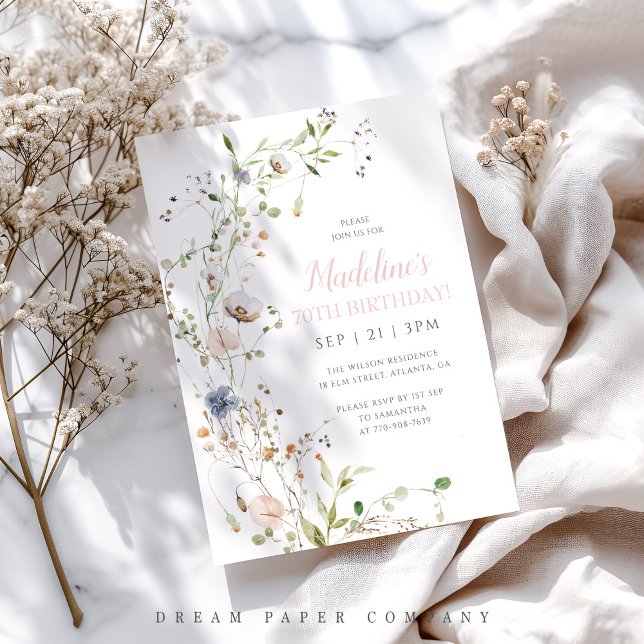 Blush Wildflowers 70th Birthday Invitation (Creator Uploaded)