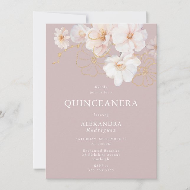  Blush Wildflowers Elegant Dusty Pink Quinceanera Invitation (Front)